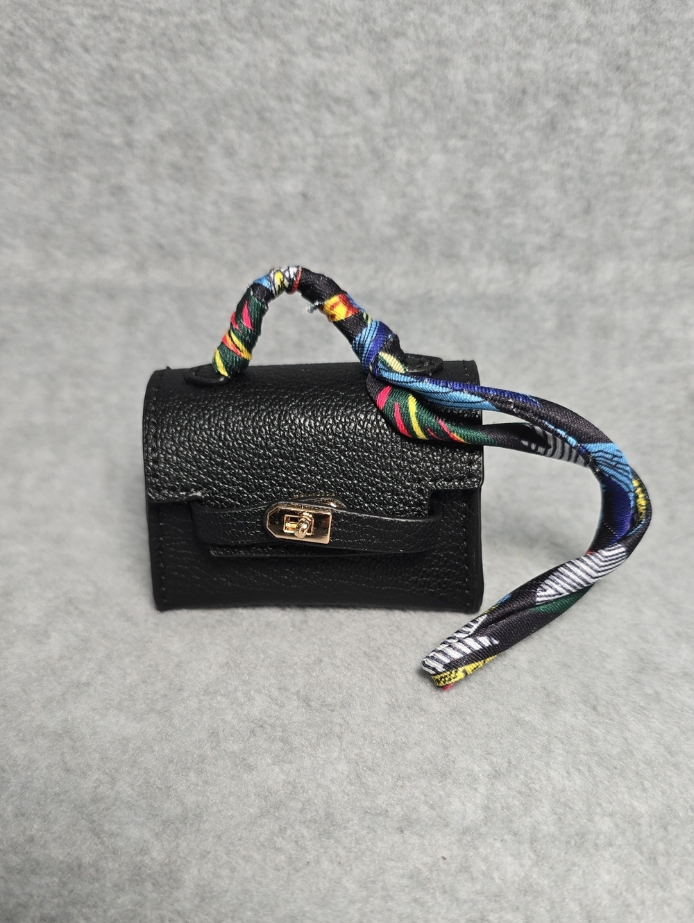 Black Leather Luxury Mini Key & Card Holder with Multicolor Scarf Handle
